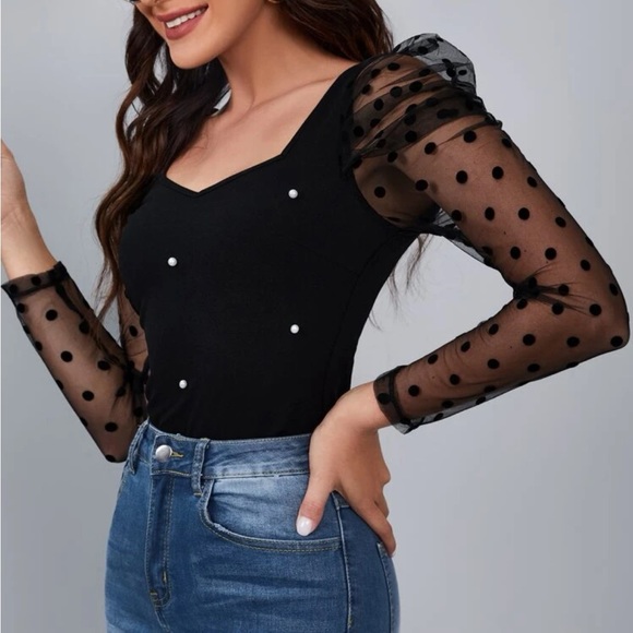 Elegant Sheer Mesh Lace Puff Long Sleeve Beaded Top Blouse Shirt - Picture 3 of 6